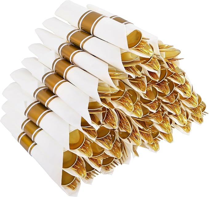 50Guests Pre Rolled Gold Plastic Silverware Sets by Joyido