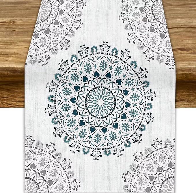 Boho Flower Table Runner, Bohemian Turquoise Mandala White Teal Floral Kitchen by JanJCurt