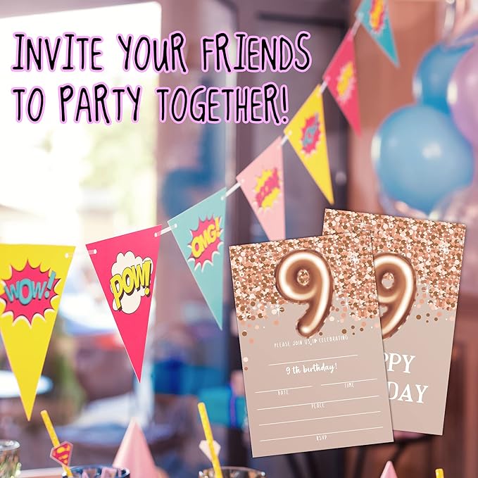 9th Birthday Invitation Cards, Rose Gold Glitter 9th Birthday Party Invites - Image 4
