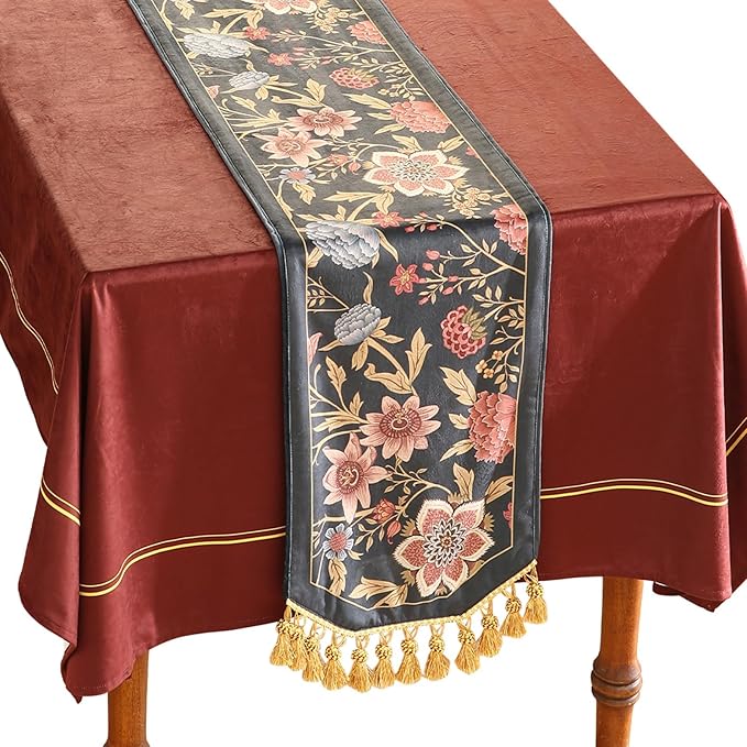 patdrea Designer Vintage Black Floral Velvet Table Runner 87 Inch Long by Welcometopatdrea