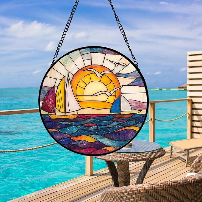 Stained Glass Window Hanging, Sailboat and Waves Suncatcher Diamond Glass Panel - Image 3