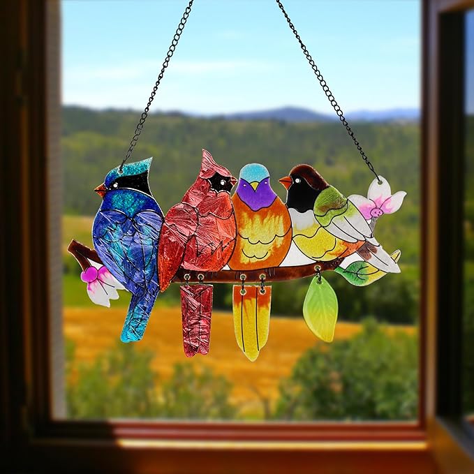 Stained Glass Window Hanging, Birds on A Branch Stain Glass Suncatcher - Image 5