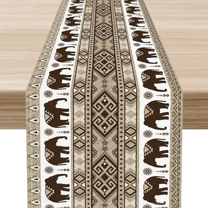 Ethnic Table Runner, Rustic Farmhouse Boho Indian Bohemian Elephant Aztec by Unknown