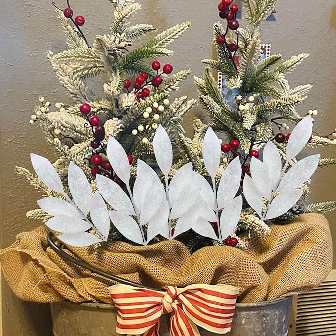 GREENTIME 12 Pack Artificial White Glitter Leaves 13" Fake Christmas Picks - Image 5