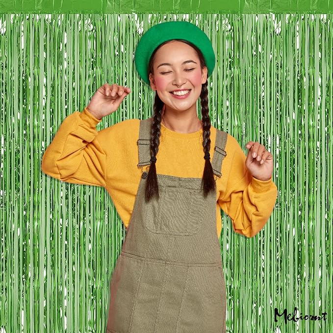 4 Pack Fringe Curtain Backdrop, 3.2Ft x 6.6Ft Light Green Metallic Tinsel Foil - Image 3