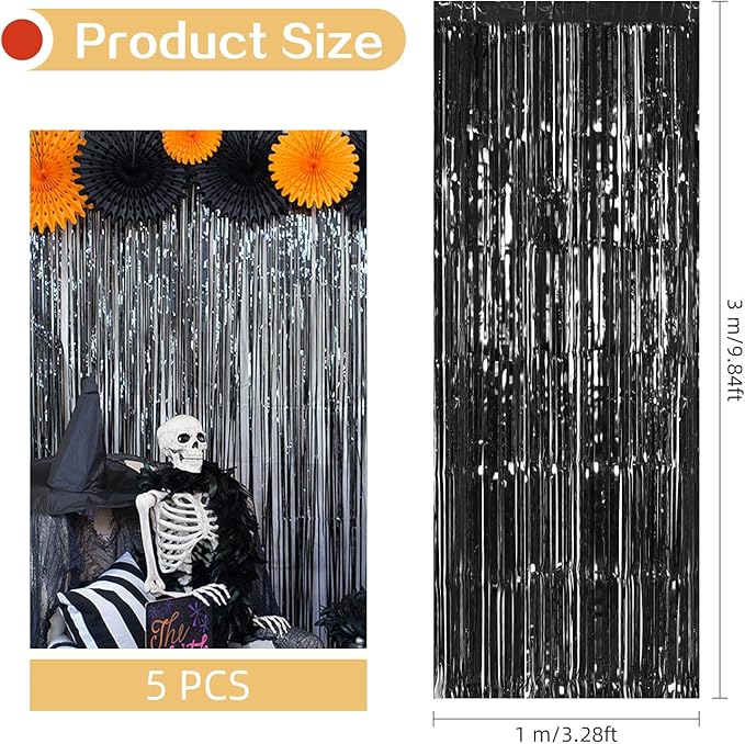 5 Pack Black Foil Curtain Backdrop 3.2ft x 9.8ft Metallic Tinsel Foil Fringe - Image 3