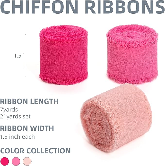 Hot Pink Pastel Pink Handmade Chiffon Ribbon, 1.5" x 21Yd Frayed Silk Ribbons - Image 2