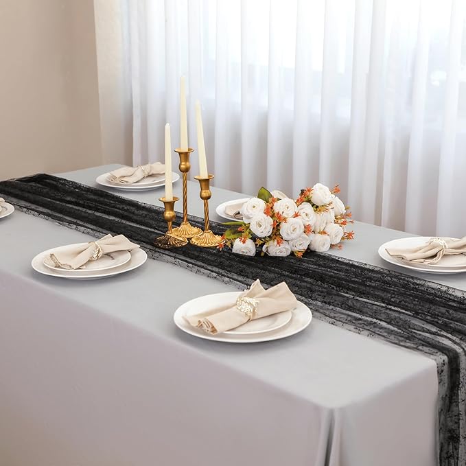 Snowkingdom Black Table Runner, 10FT Sheer Tulle Cheesecloth Gauze Metallic - Image 3