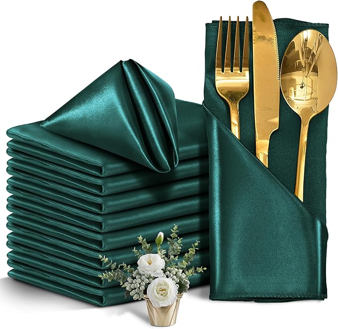 12 Pieces Forest Green Satin Napkins, Silky Soft Smooth Washable Napkins by Eychei