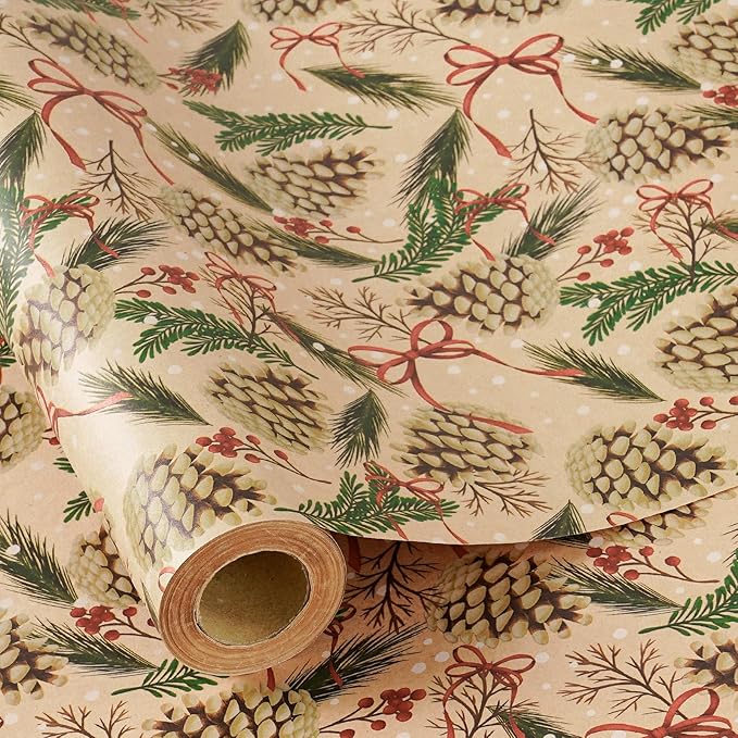 RUSPEPA Kraft Christmas Wrapping Paper Roll, Mini Roll, Pinecone and Greenery by RUSPEPA