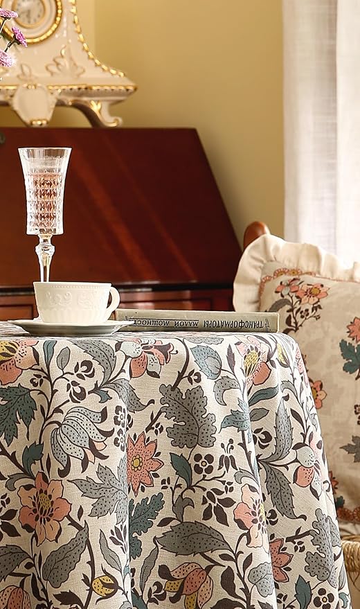 ISAENNE Designer Boho Floral Round Tablecloth, Linen Lotus Flower Pattern - Image 9