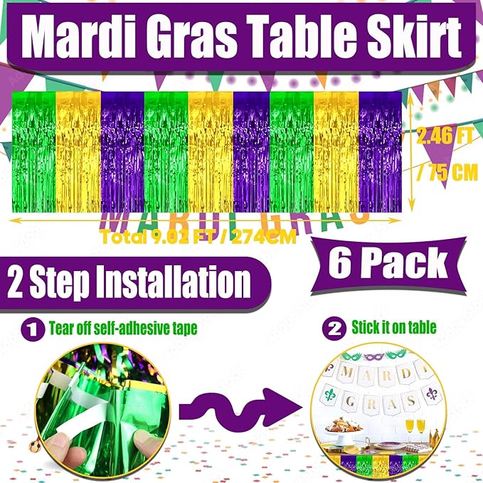6 Pack 29x108 Inch Mardi Gras Metallic Foil Fringe Tinsel Table Skirts - Image 2