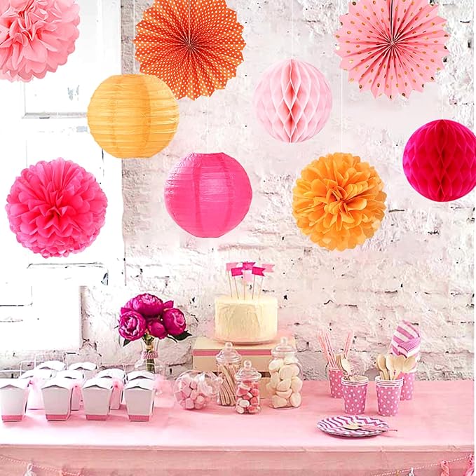 Hot-Pink Burnt-Orange Party-Decorations Streamers Lanterns - Image 6