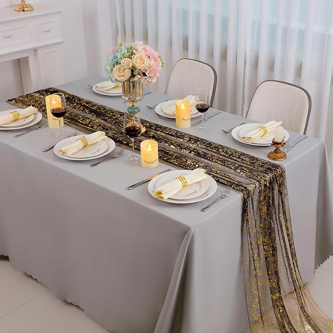 Snowkingdom 10 Pcs Black & Gold Cheesecloth Table Runner 10 FT, Sheer Chiffon - Image 2