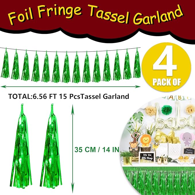 4P Green Foil Fringe Tassel Banner Garland Metallic Tinsel Streamers Wall - Image 2