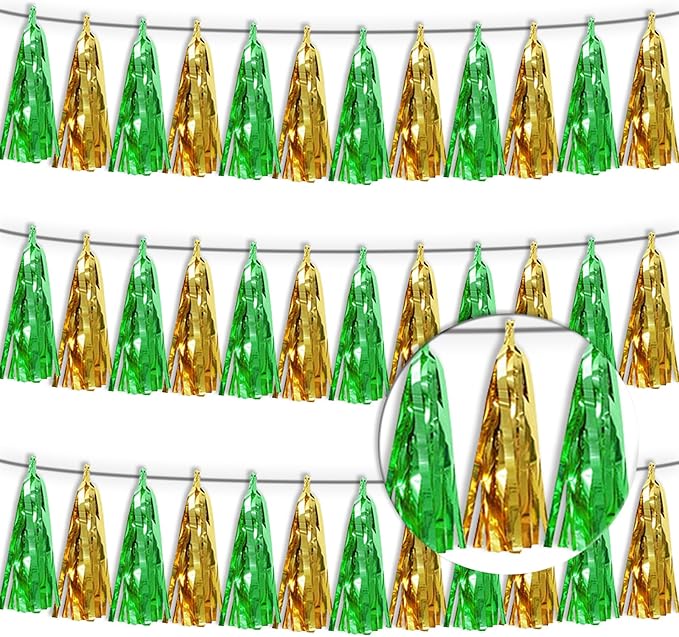 3P Sage-Green Gold Metallic Fringe Tassel Banner Garland Foil Tinsel Streamer by Xuuf