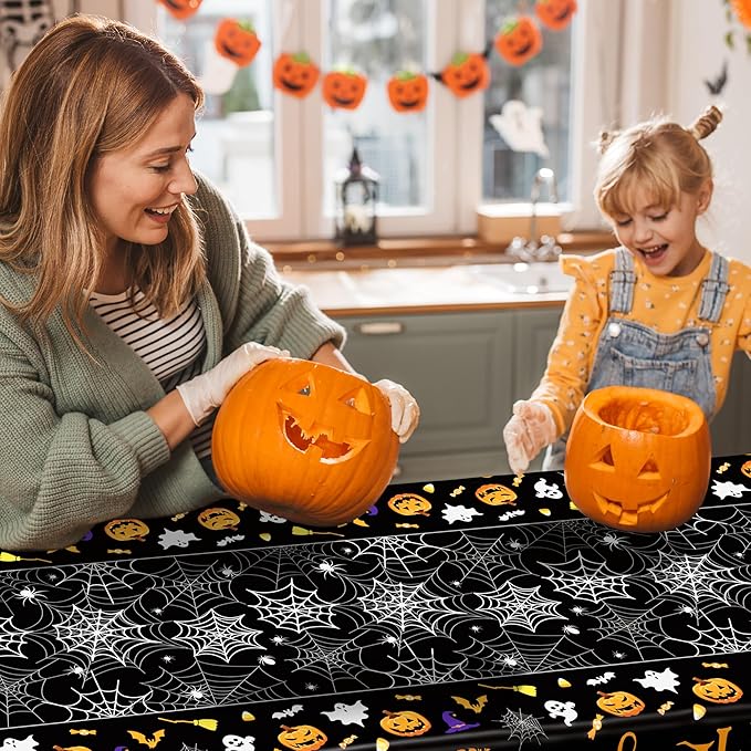 QZYL 12 Pack Halloween Plastic Tablecloth, Spider Webs Pumpkin Design - Image 4