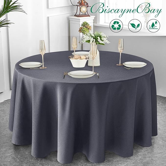 Biscaynebay Textured Fabric Round Tablecloths 108", Dark Grey Water Resistant - Image 7
