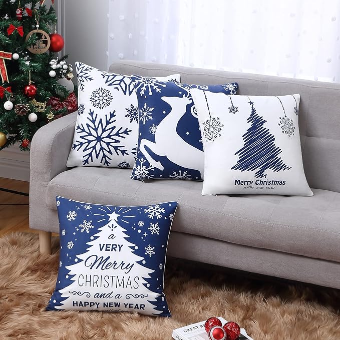 Christmas Pillow Covers 20X20 Set of 4 Navy Blue white Christmas Decorations - Image 7