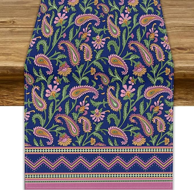 Colorful Paisley Floral Table Runner, Vintage Pink Purple Flowers Green Plants by JanJCurt