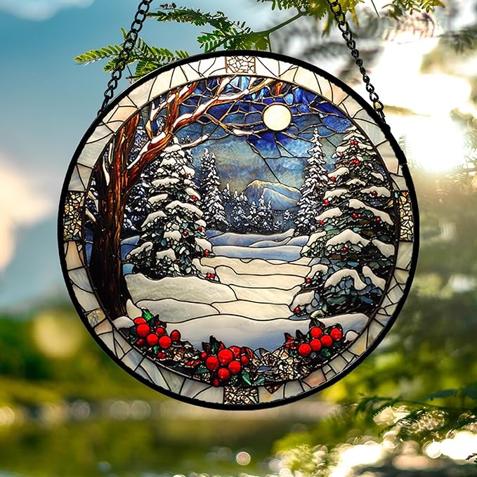 Stained Glass Window Hanging Christmas Tree Winter Snow Night Scenery Large - Image 4