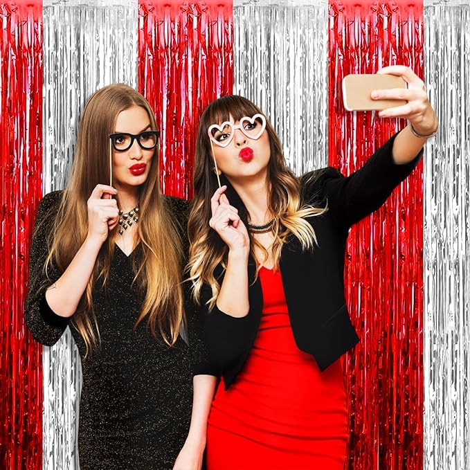4 Pack Silver Red Foil Fringe Curtain Backdrop, 3.28Ft x 8.2Ft Metallic Tinsel - Image 5