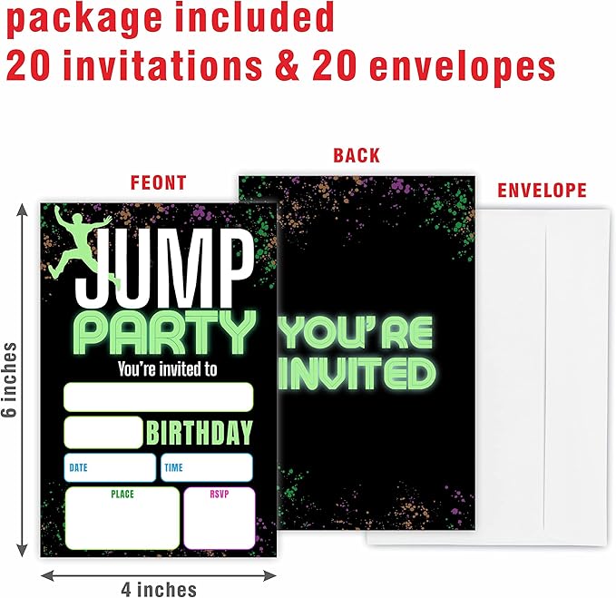 Jump Party Birthday Invitations, Glow Trampoline Birthday Party Invite Cards（20 - Image 2