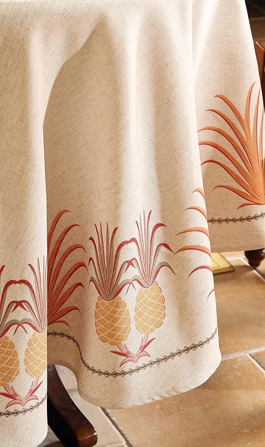 patdrea Designer Vintage Round Tablecloth, Pineapple Pattern Linen Tropical - Image 4
