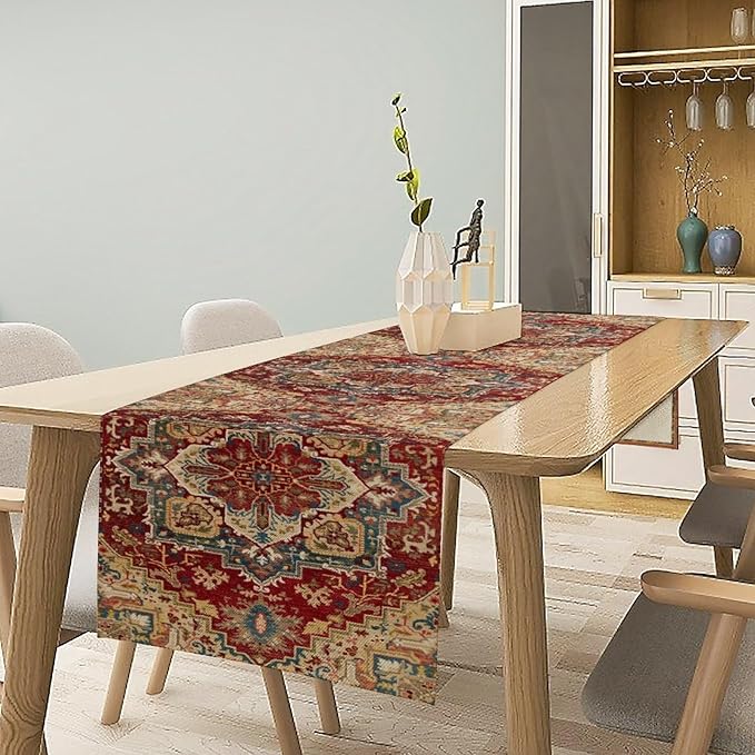 Boho Bohemia Style Table Runner, Vintage Red Brown Retro Flower Rustic Country - Image 3