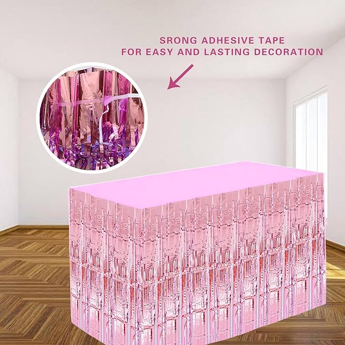 Pink Streamers Party Decorations, 2 Packs Pink Table Skirts Metallic Foil - Image 3