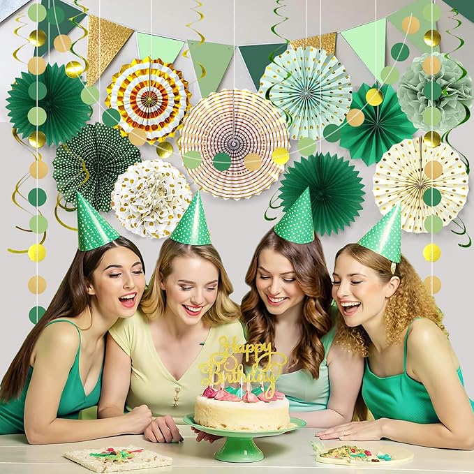 Paper Fans Party Decorations Glitter Green Gold Paper Triangle Flag Banner - Image 4