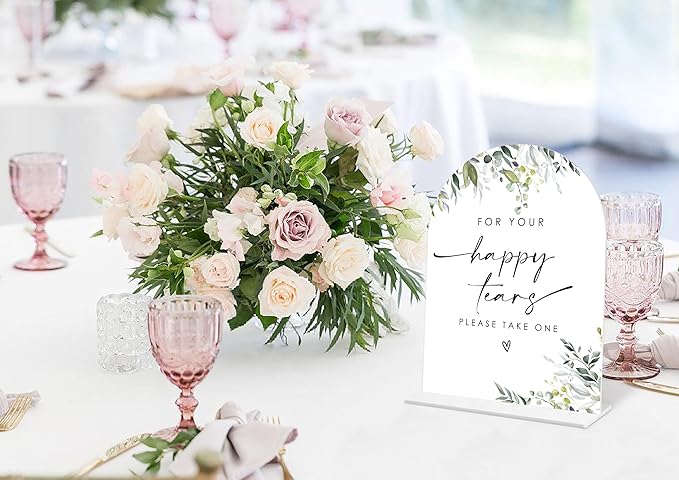 Greenery Happy Tears Tissue Sign, 6 x 8 Inch White Arch Acrylic Wedding Sign - Image 5