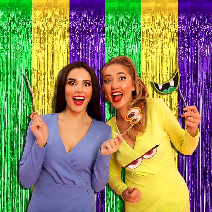 4 Pack Mardi Gras Foil Fringe Curtain Backdrop, 3.28Ft x 8.2Ft Gold Green - Image 5