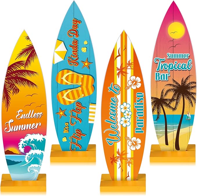 Blulu 4 Pcs Surfboard Table Decorations Surfboard Beach Signs Welcome to by Blulu