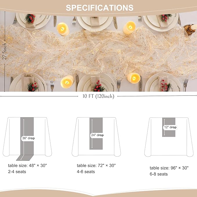 Snowkingdom 3Pcs 10 Ft Gold Table Runners, Sheer Chiffon Tulle Cheesecloth - Image 8
