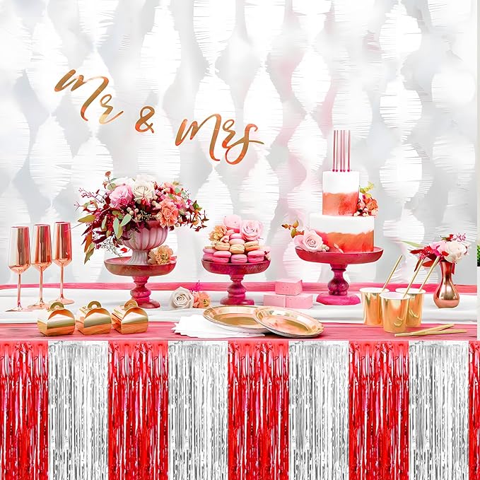 3 Pack 29x108 Inch Red Silver Foil Fringe Table Skirts Metallic Banner - Image 5