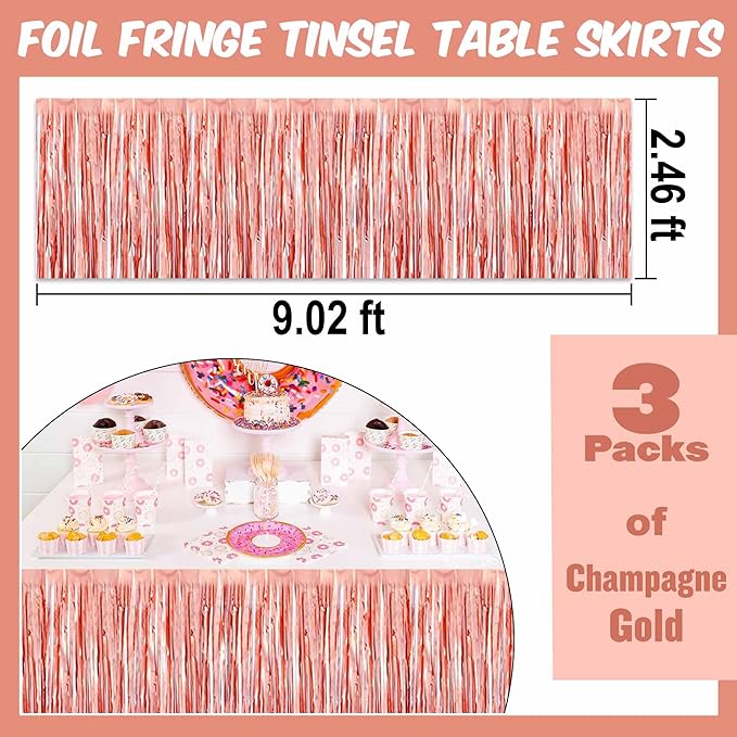 3 Pack 29 x108 Inch Rose Gold Foil Fringe Table Skirts Metallic Banner - Image 3