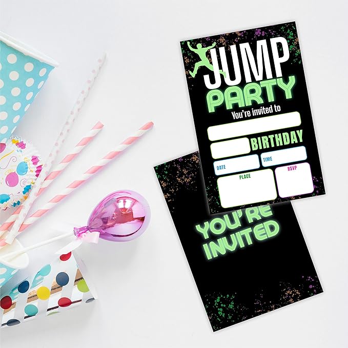 Jump Party Birthday Invitations, Glow Trampoline Birthday Party Invite Cards（20 - Image 3