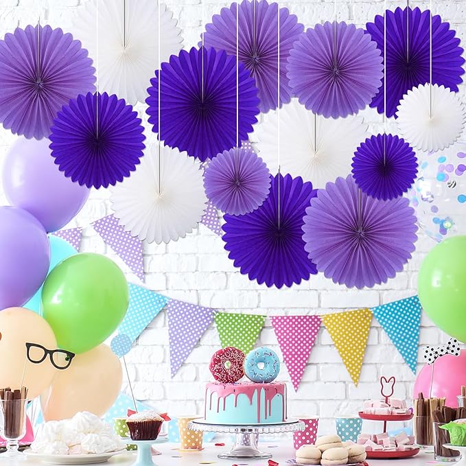 24 Pcs Purple and White Paper Fans Purple Party Decorations Classroom Decor - Image 5