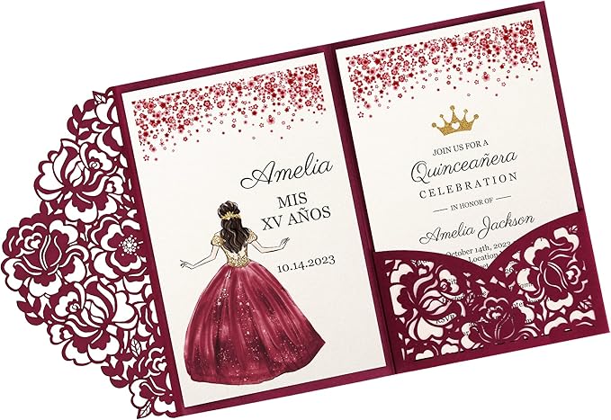 DORIS HOME 50pcs Laser Cut Quinceanera Invitations Burgundy, 4.7x7.1 by DorisHome