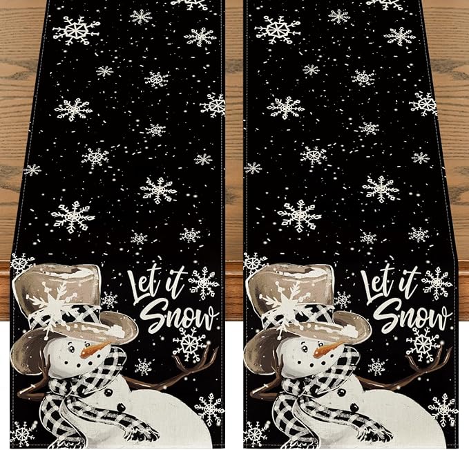 Artoid Mode Black Snowman Snowflake Let it Snow 2PCS Winter Table Runner by ArtoidMode