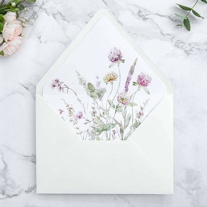 PONATIA 50PCS A7 Euro Flap Ivory Envelope, 5.25 x 7.25'' Wild Flowers Liner - Image 3