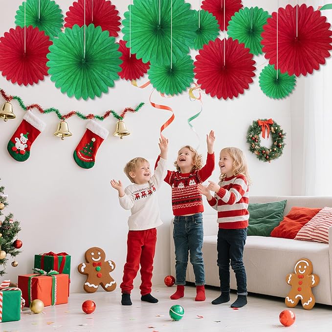 20 Pcs Red Green Hanging Paper Fan, Round Paper Fans Decorations Set - Image 6