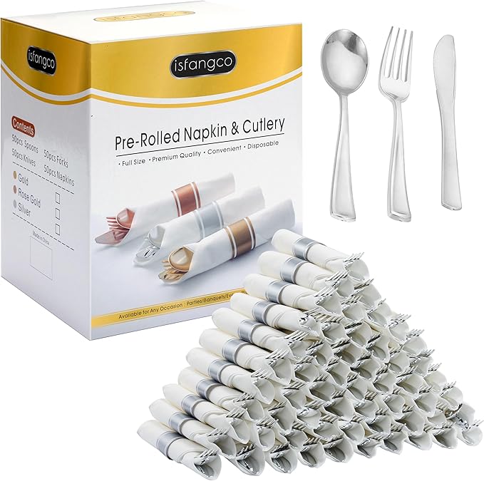 50 Pack Pre Rolled Silver Plastic Silverware Set, Disposable Wrapped Plastic by ISFANGCO