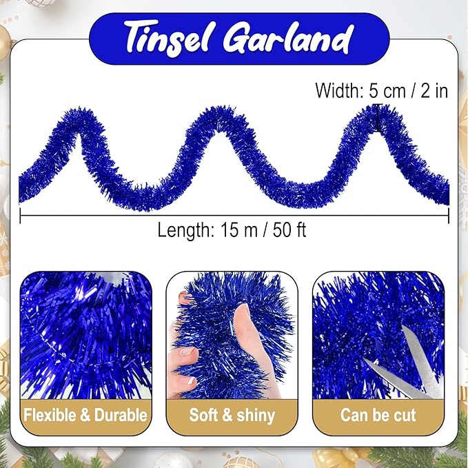 50 Feet Blue Christmas Tinsel Garland, Metallic Foil Twist Banner Wall Hanging - Image 2