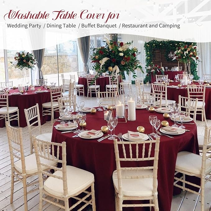 Fani 12 Pack 90 Inch Round Burgundy Polyester Tablecloths - Image 4