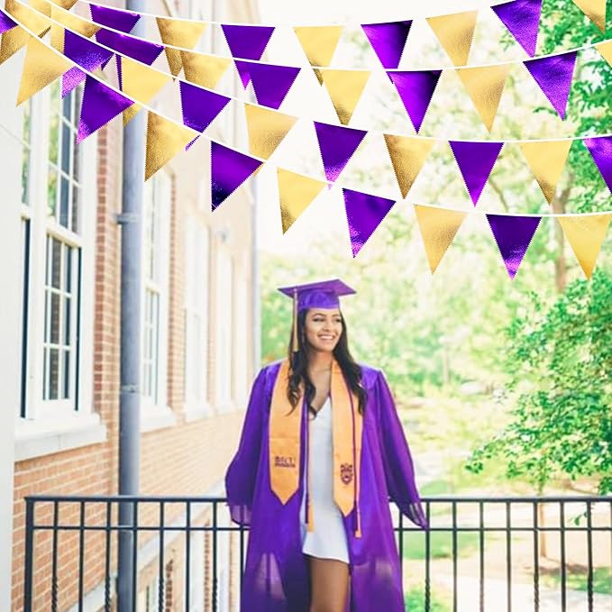 Purple and Gold Party Decorations Metallic Fabric Triangle Pennant Banner Flag - Image 4
