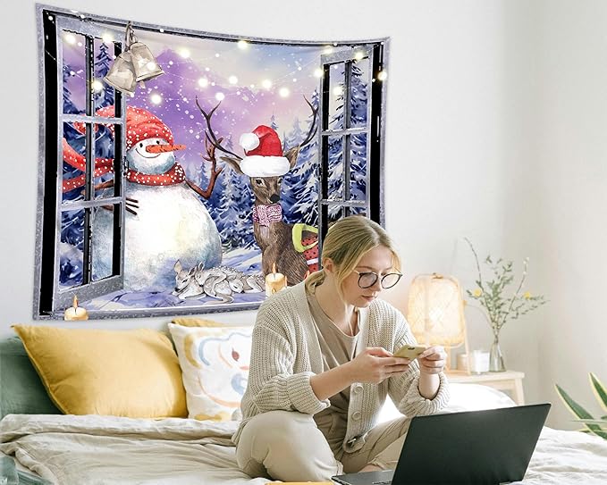 QGHOT Christmas Window Tapestry Wall Hanging Christmas Backdrop Winter Window - Image 3