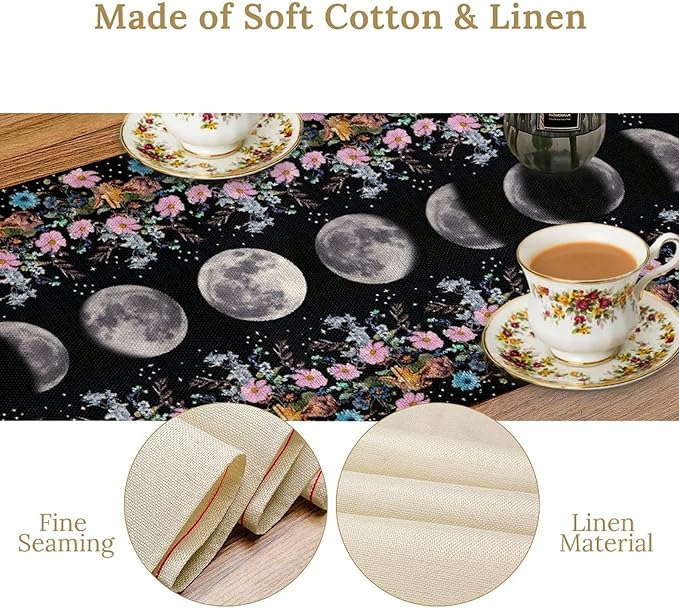 Boho Floral Moon Table Runner, Spring Flower Leaves Mystical Gothic Sun Moon - Image 5