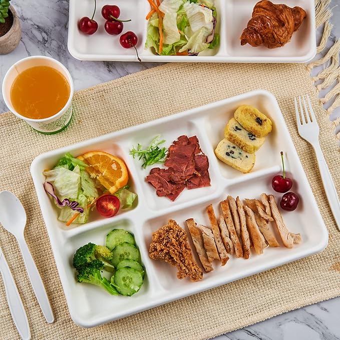 ECOLipak 100% Compostable 5 Compartment Plates, 100 Pack Disposable Compartment - Image 6